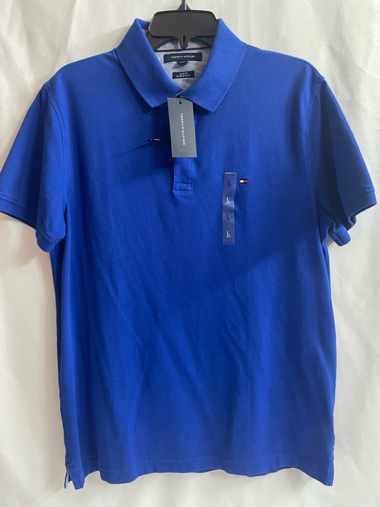 Tommy Hilfiger Blue Menâs Slim Fit Polo With Flag Logo Size L